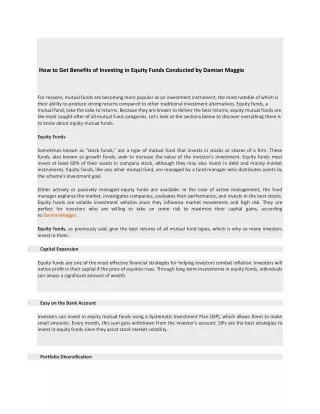 How to Get Benefits of Investing in Equity Funds Conducted by Damian Maggio