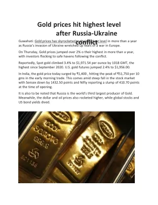 Gold prices hit highest level after Russia-Ukraine conflict