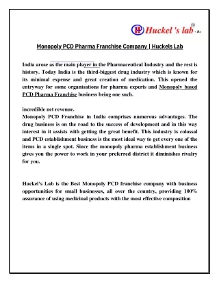 Monopoly PCD Pharma Franchise Company | Huckels Lab