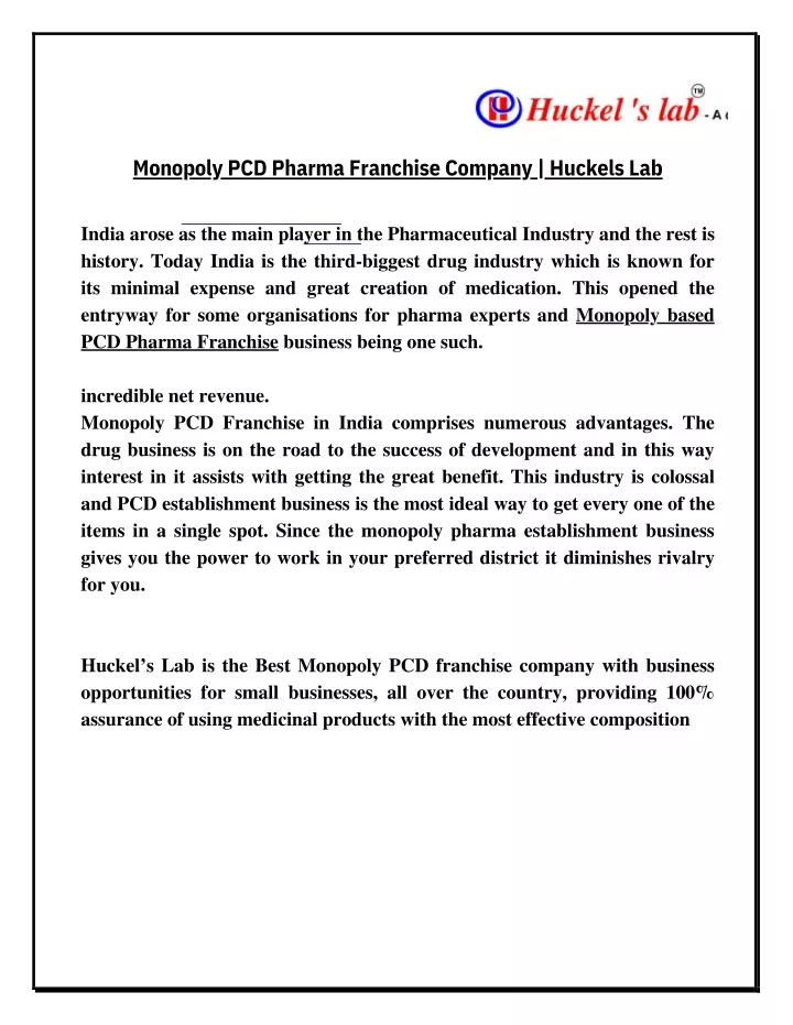 monopoly pcd pharma franchise company huckels lab