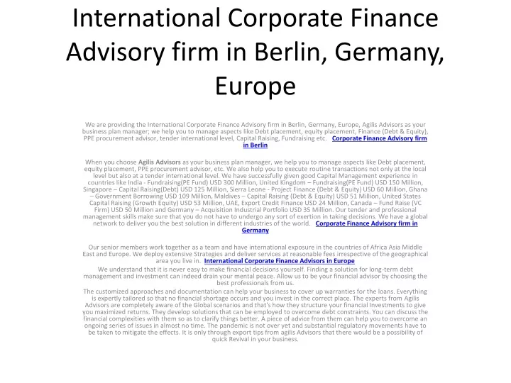 international corporate finance advisory firm in berlin germany europe