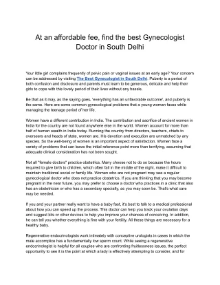 At an affordable fee, find the best Gynecologist Doctor in South Delhi