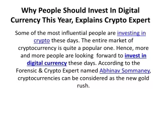 Why People Should Invest In Digital Currency This Year - Explains Crypto Expert