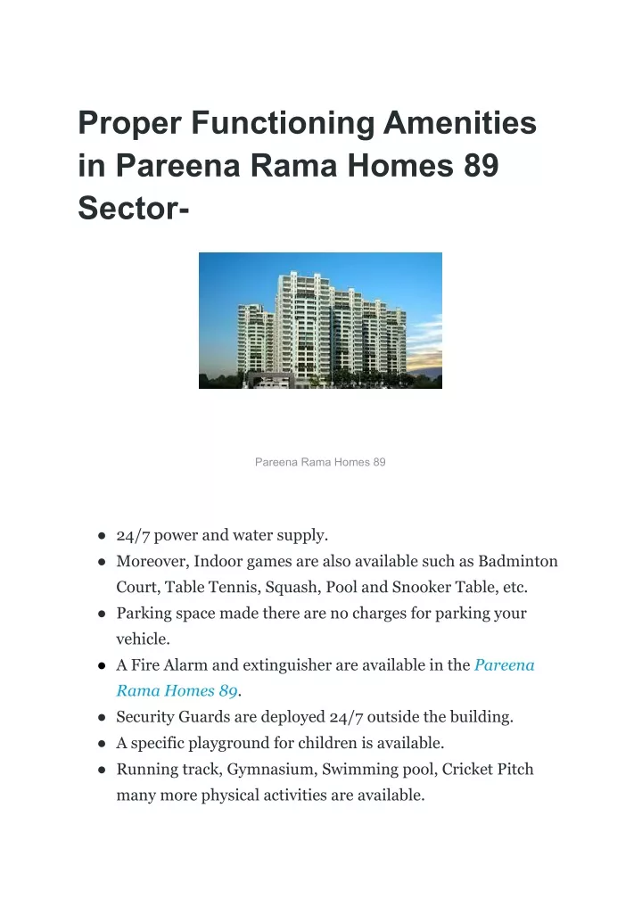 proper functioning amenities in pareena rama