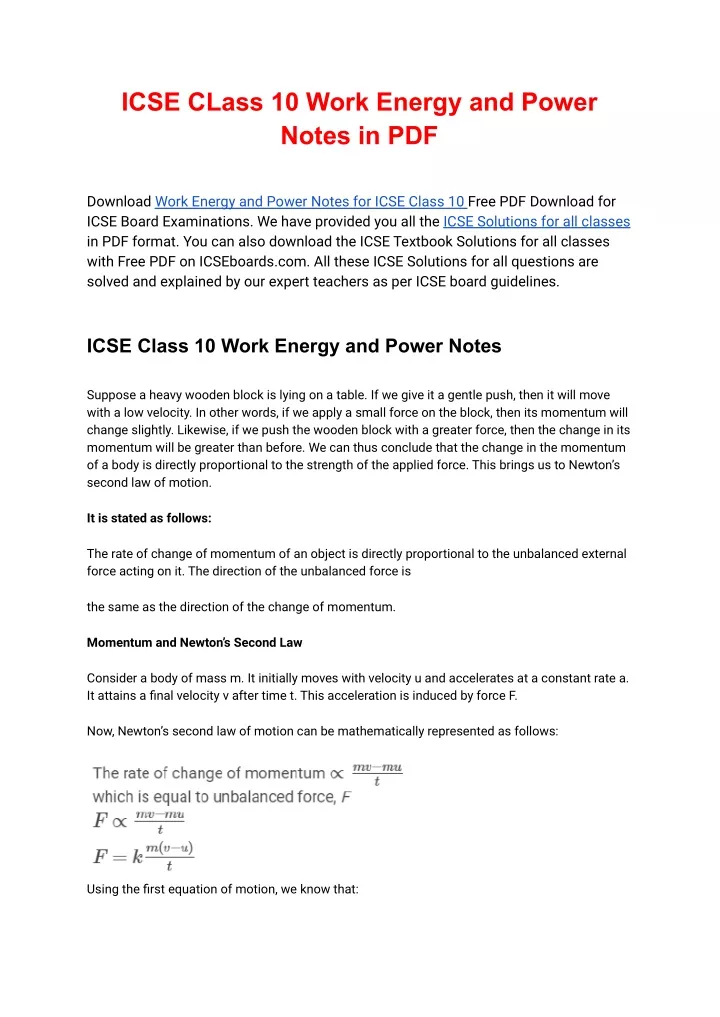 PPT - Work Energy And Power Notes For ICSE Class 10 Physics Free PDF ...