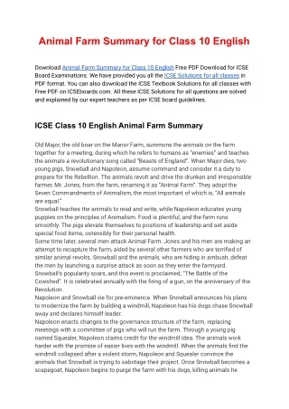 Animal Farm Summary for Class 10 English Free PDF