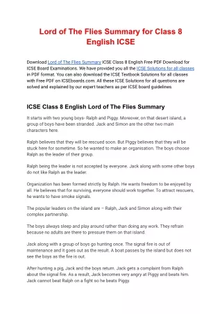 Lord of The Flies Summary ICSE Class 8 English Free PDF