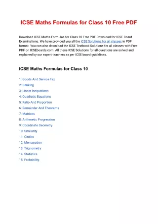 Maths Formulas for Class 10 ICSE Free PDF Download