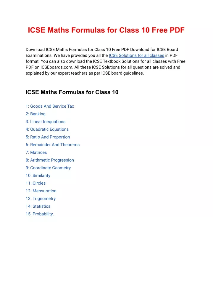 icse maths formulas for class 10 free pdf