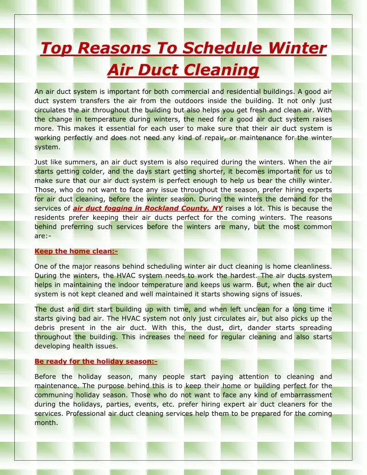 top reasons to schedule winter air duct cleaning
