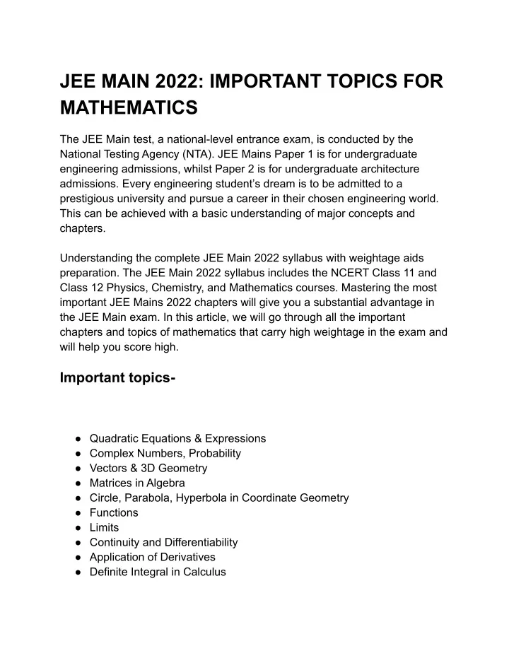 jee main 2022 important topics for mathematics