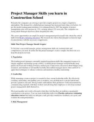 Project Manager Skills you learn in Construction School