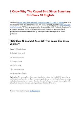 I Know Why The Caged Bird Sings Summary for Class 10 English PDF