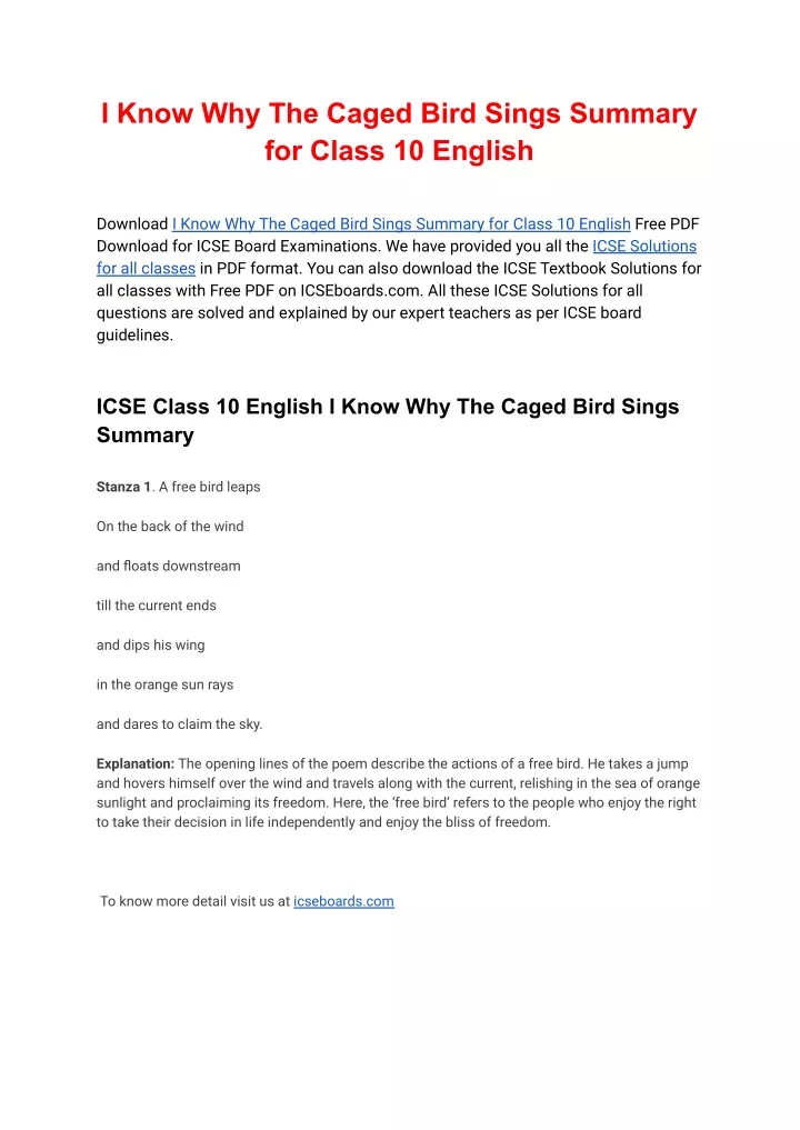 Ppt I Know Why The Caged Bird Sings Summary For Class 10 English Pdf Powerpoint Presentation