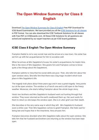 The Open Window Summary for Class 8 English Free PDF