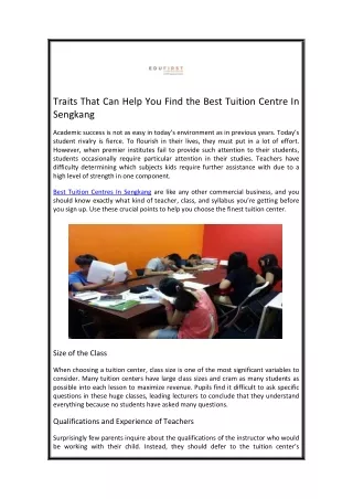Traits That Can Help You Find the Best Tuition Centre In Sengkang