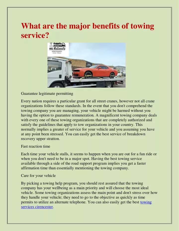 what are the major benefits of towing service