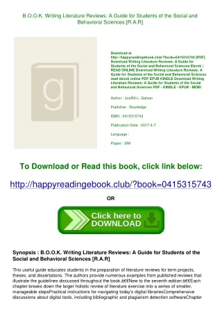 <*READ*> B.O.O.K. Writing Literature Reviews A Guide for Students of the Social