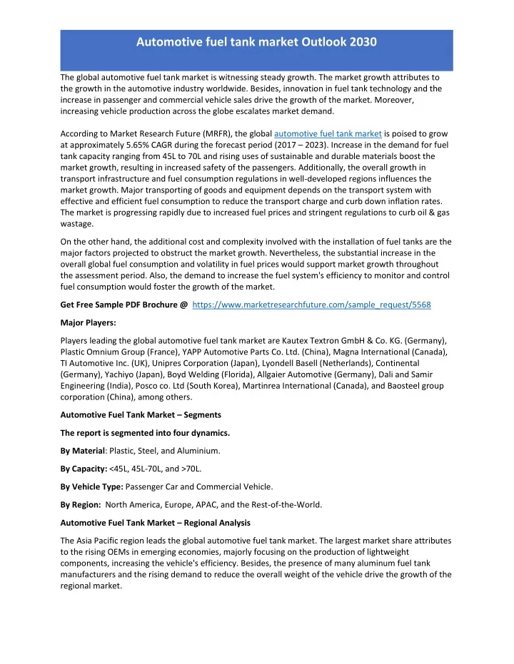 automotive fuel tank market outlook 2030