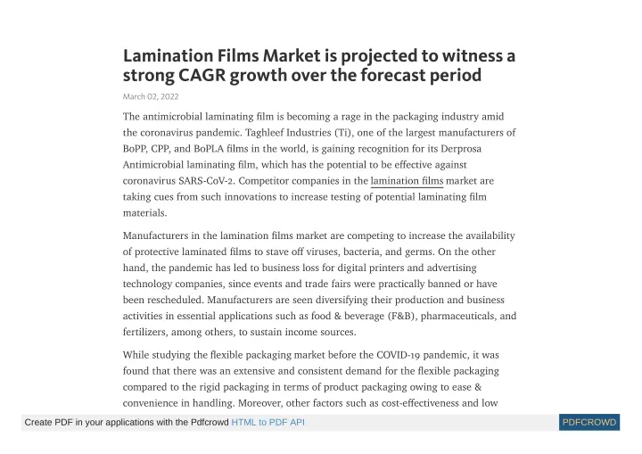 lamination films market is projected to witness