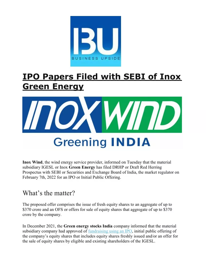 ipo papers filed with sebi of inox green energy