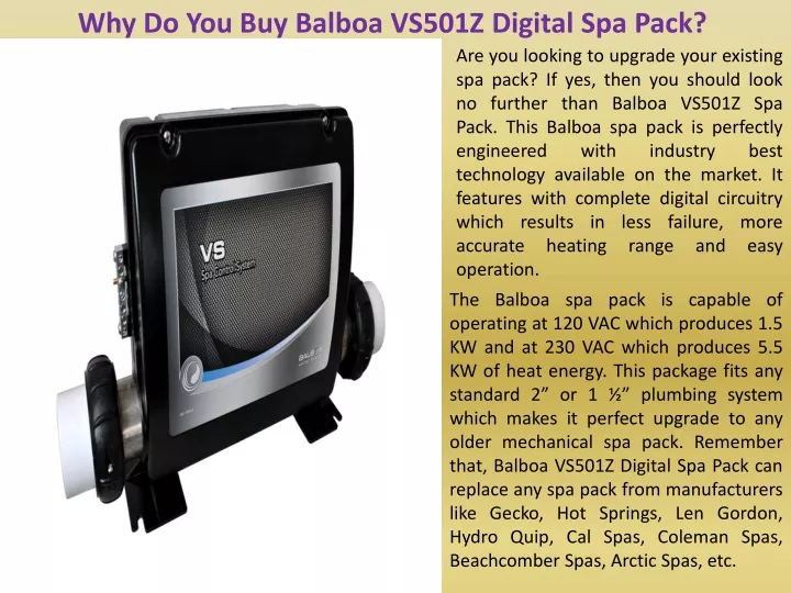 why do you buy balboa vs501z digital spa pack