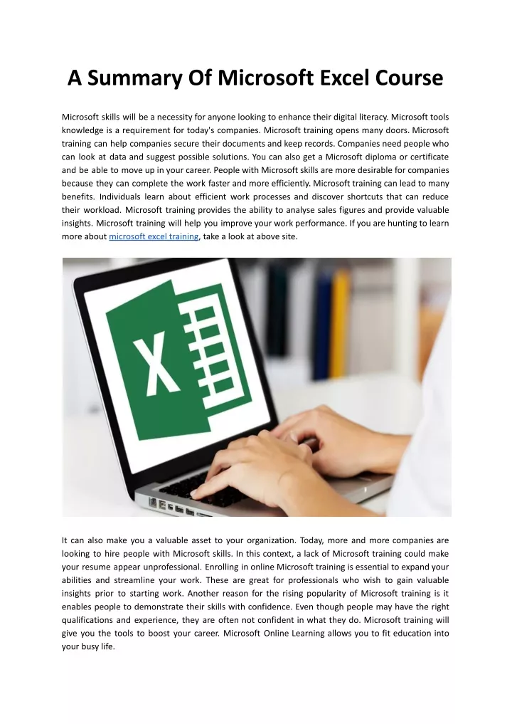 a summary of microsoft excel course