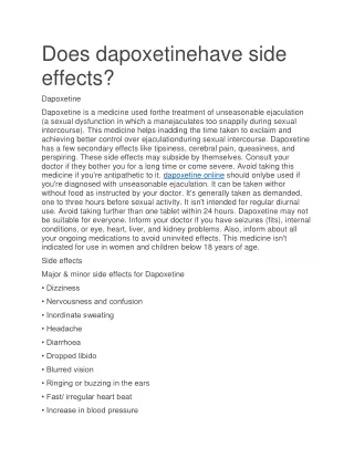 does dapoxetinehave side effects
