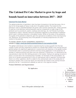 The Calcined Pet Coke Market to grow by leaps and bounds based on innovation between 2017