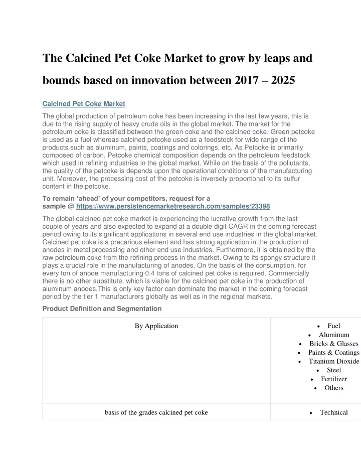 the calcined pet coke market to grow by leaps and