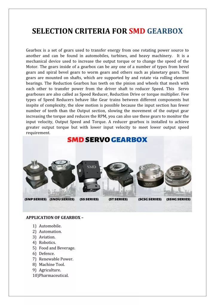 selection criteria for smd gearbox