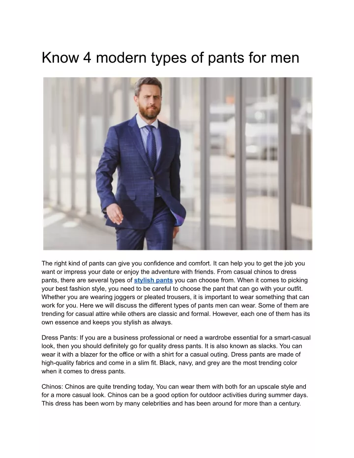 know 4 modern types of pants for men