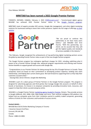Mrkt360 is selected as Google Premier Partner of 2022