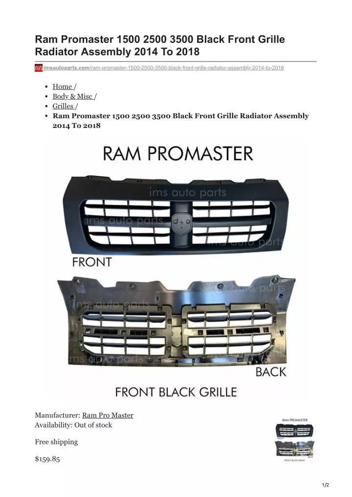 ram promaster 1500 2500 3500 black front grille