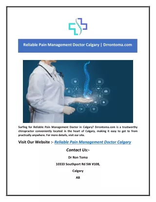 Reliable Pain Management Doctor Calgary | Drrontoma.com