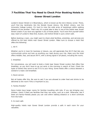7 Facilities That You Need to Check Prior Booking Hotels in Gower Street London