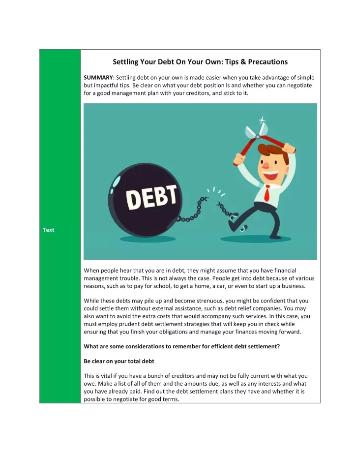 settling your debt on your own tips precautions