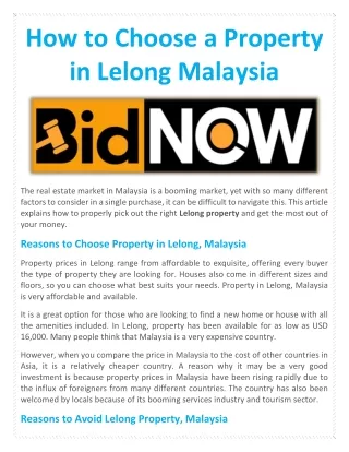 How to Choose a Property in Lelong Malaysia