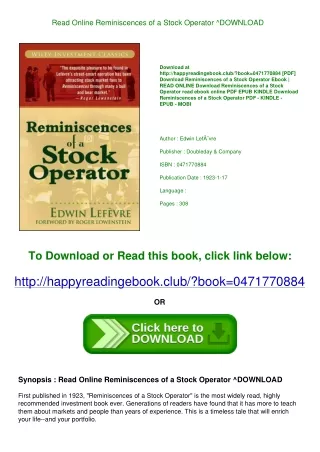Read Online Reminiscences of a Stock Operator ^DOWNLOAD <[PDF]>
