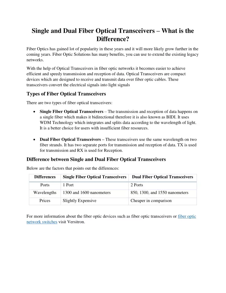 single and dual fiber optical transceivers what