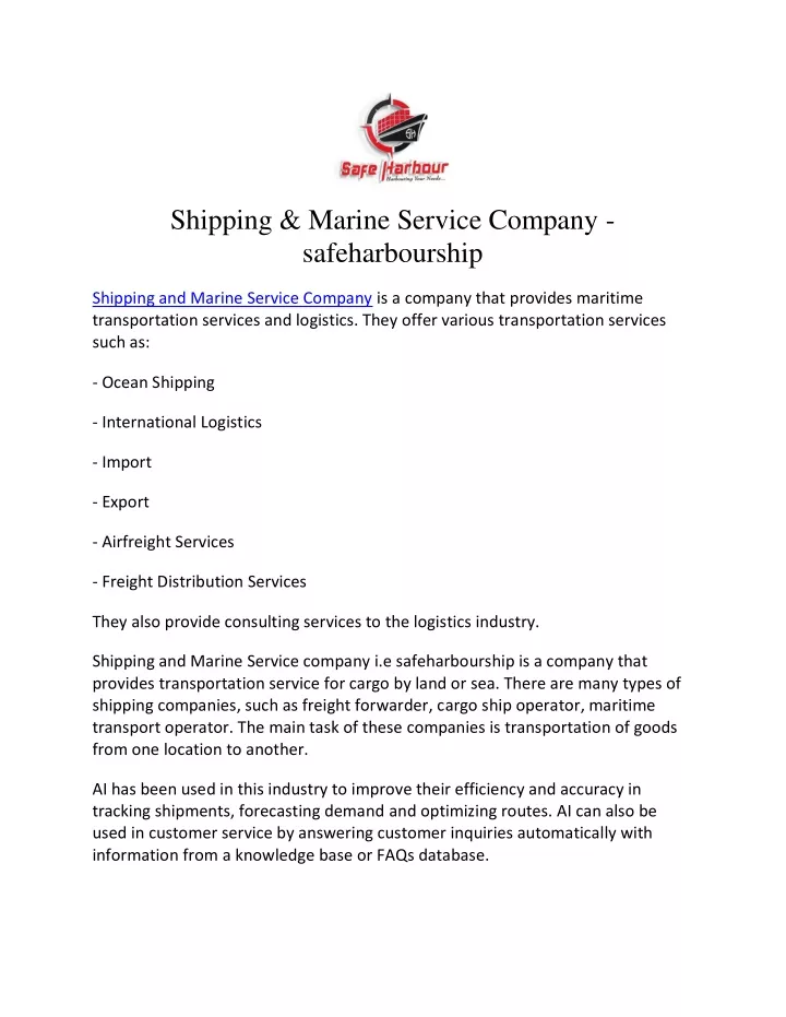 shipping marine service company safeharbourship