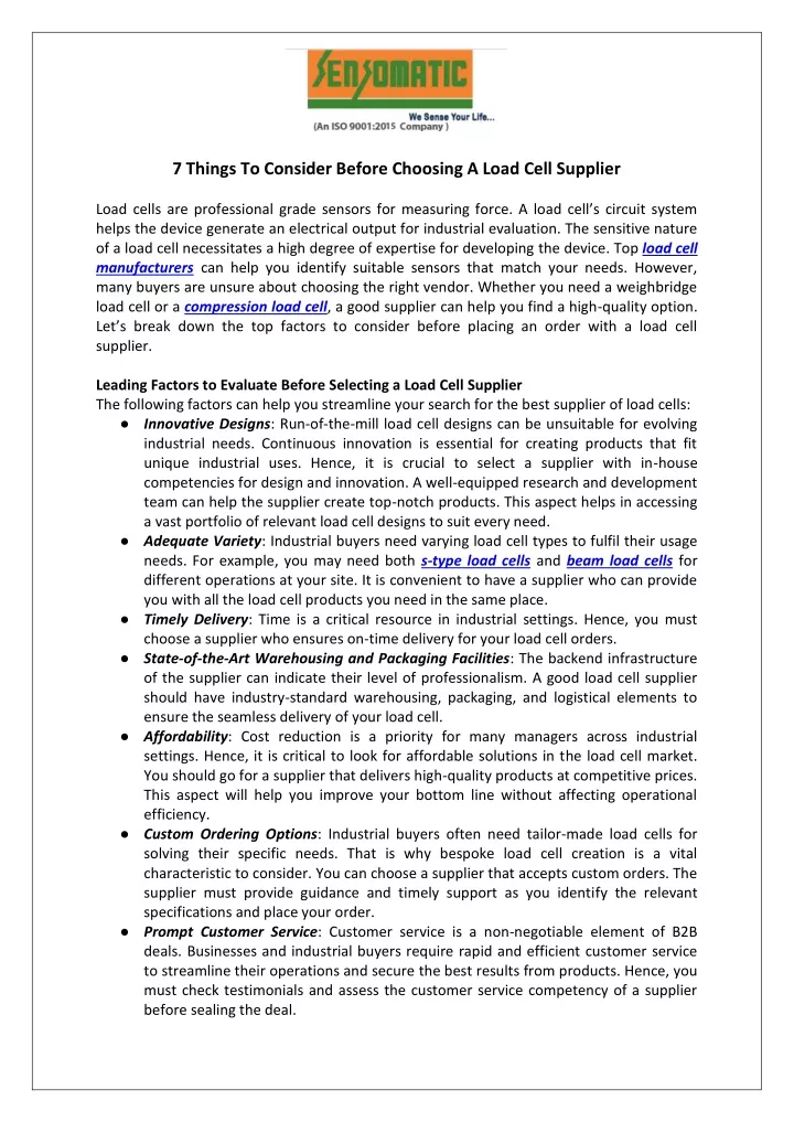 7 things to consider before choosing a load cell