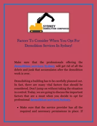 Factors To Consider When You Opt For Demolition Services In Sydney!