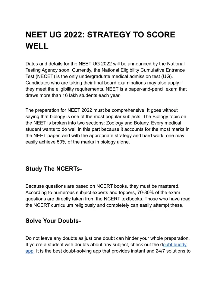 neet ug 2022 strategy to score well