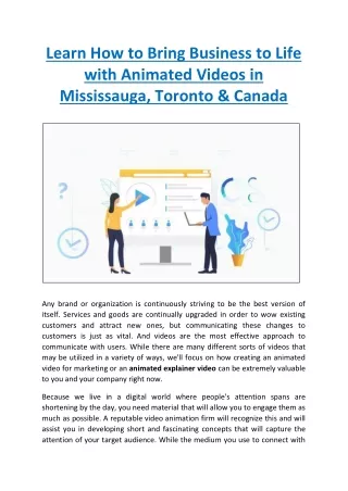 Learn How to Bring Business to Life with Animated Videos in Mississauga, Toronto & Canada