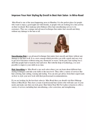 Improve Your Hair Styling By Enroll in Best Hair Salon  in Mira-Road