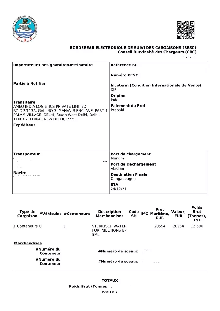 bordereau electronique de suivi des cargaisons