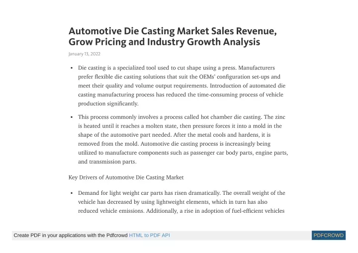 automotive die casting market sales revenue grow