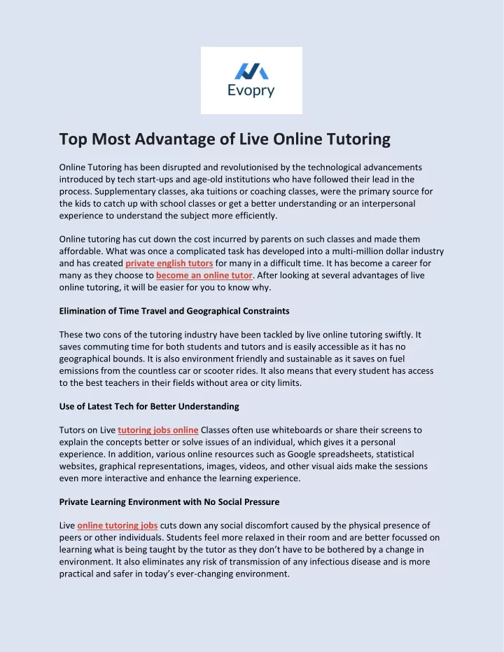 top most advantage of live online tutoring