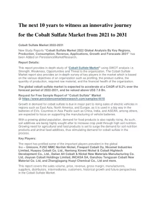 The next 10 years to witness an innovative journey for the Cobalt Sulfate Market from 2021 to 2031